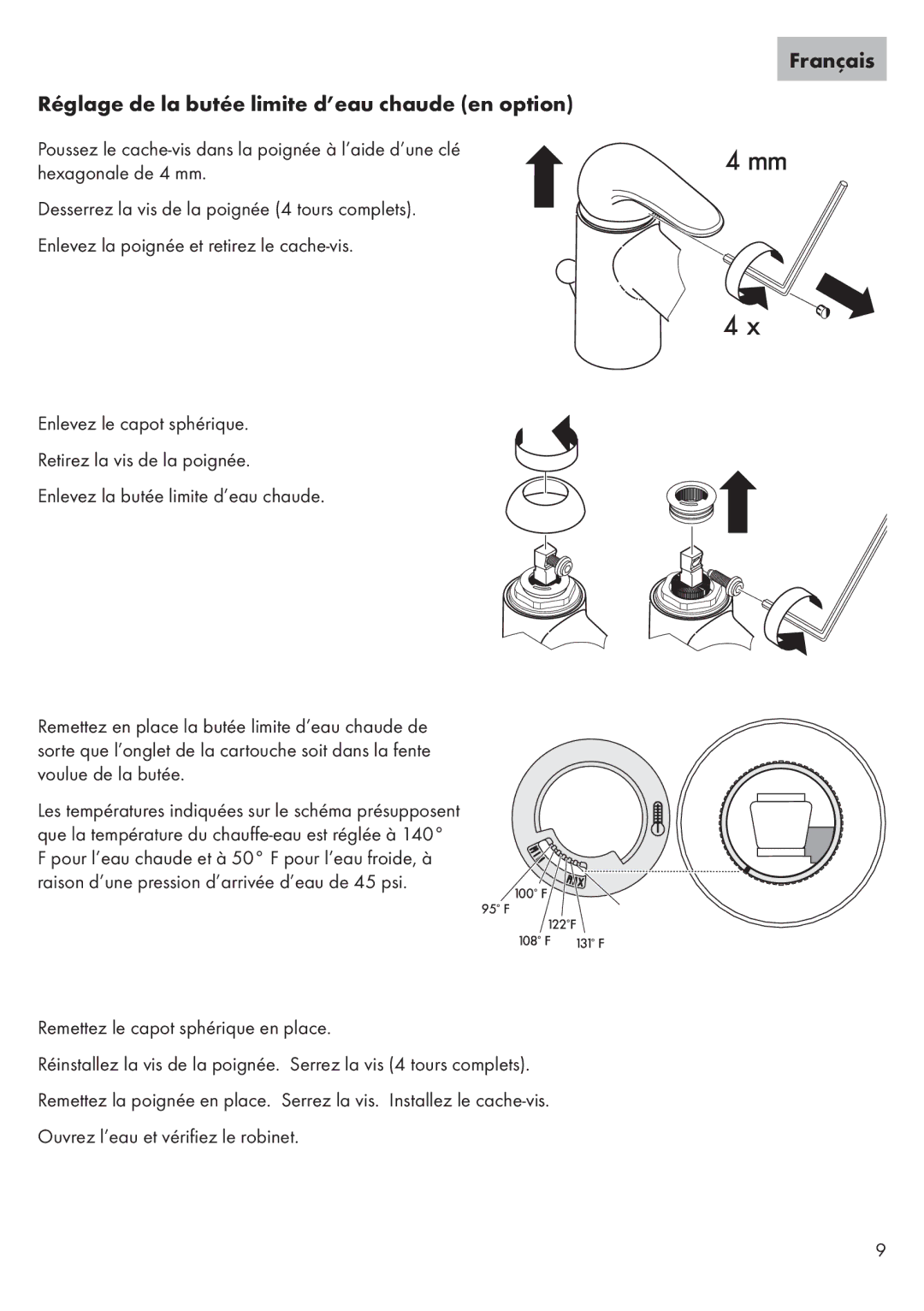 Axor 32073XX1, 32070XX1 installation instructions Français Réglage de la butée limite d’eau chaude en option 