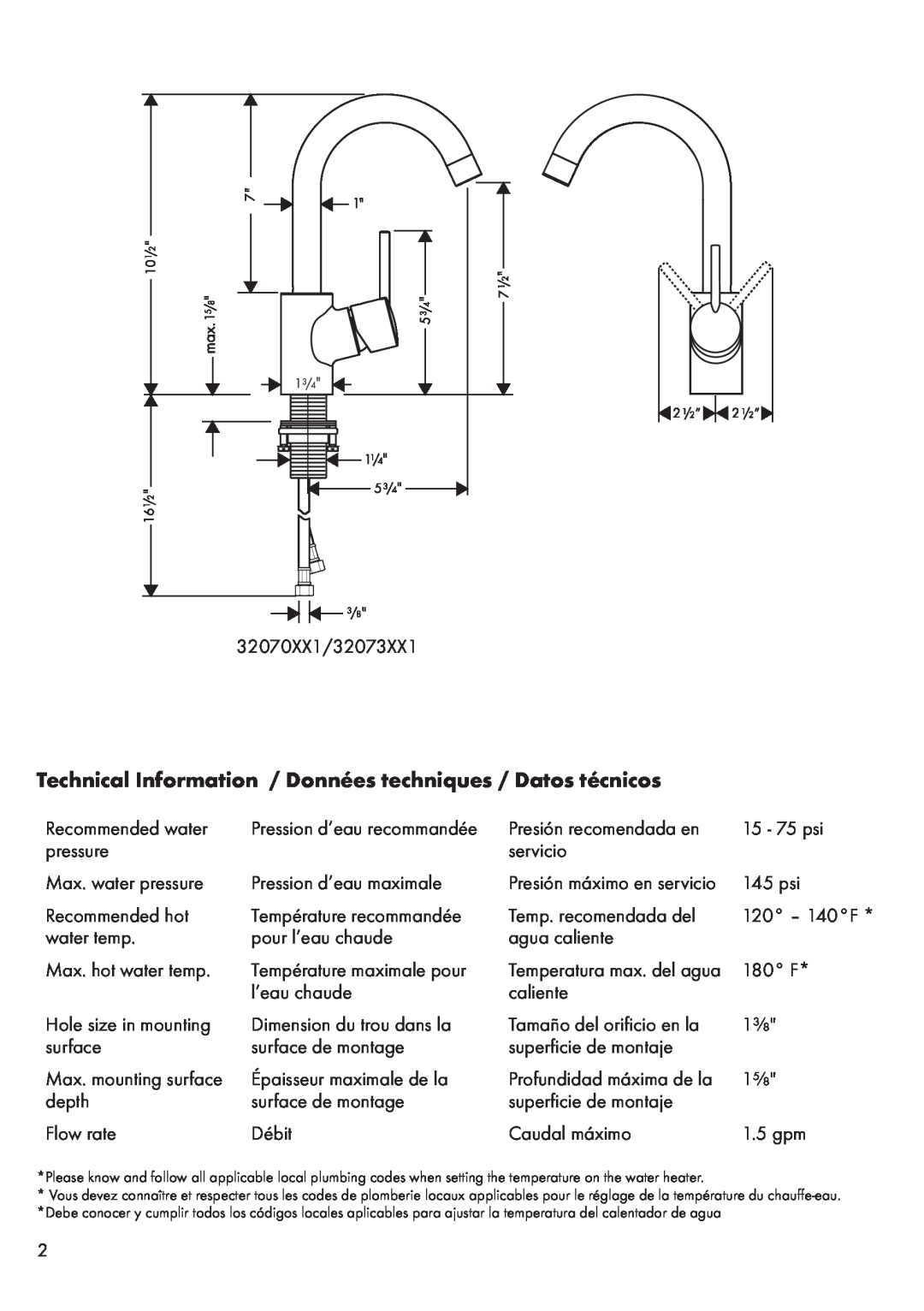 Axor 32070XX1, 32073XX1 Technical Information / Données techniques / Datos técnicos, Pression d’eau recommandée 