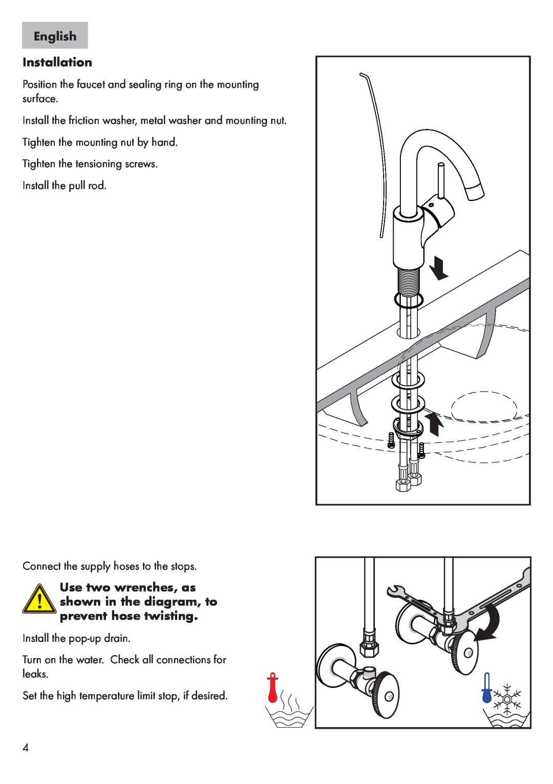 Axor 32070XX1, 32073XX1 English Installation, Use two wrenches, as shown in the diagram, to prevent hose twisting 