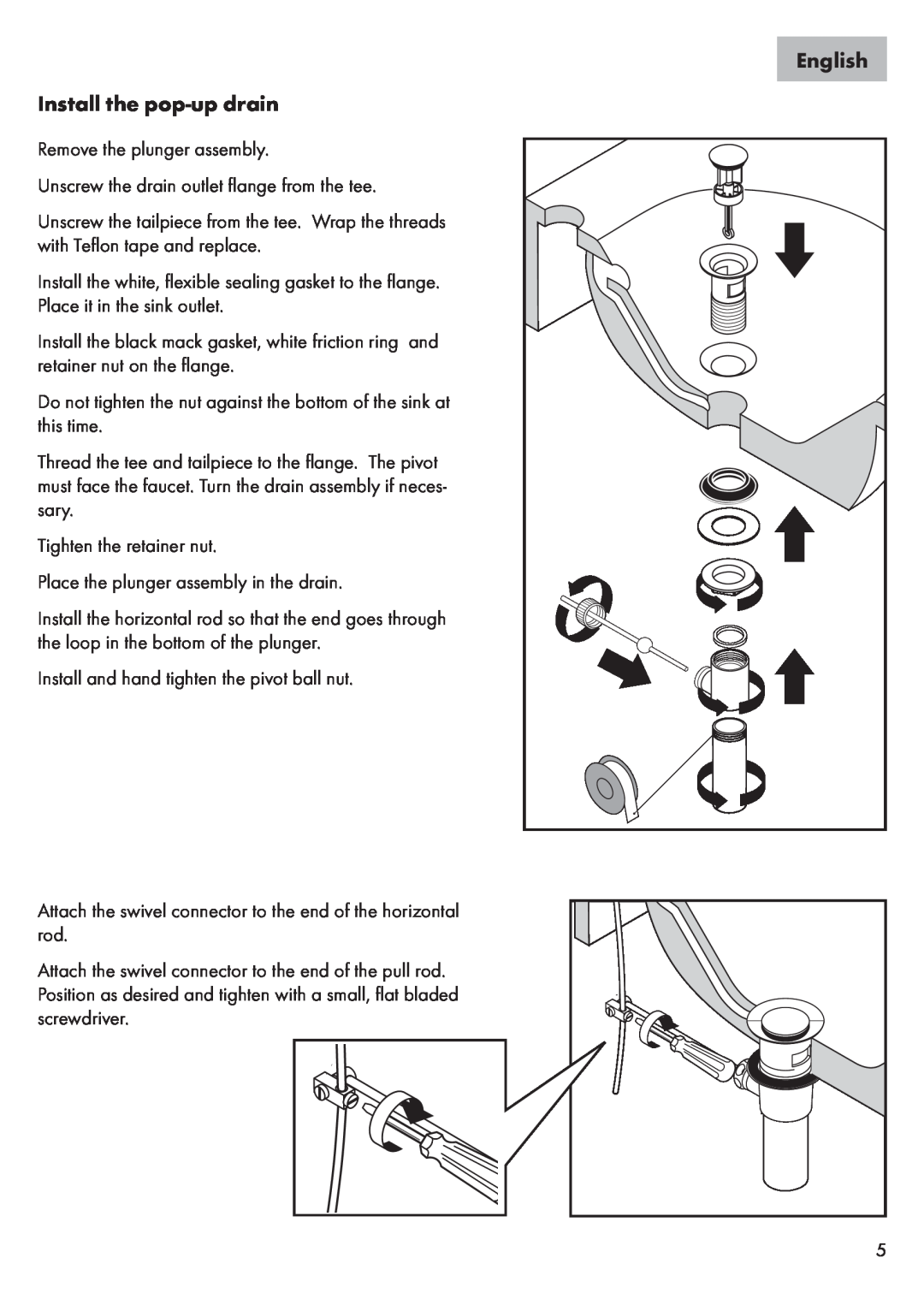 Axor 32073XX1, 32070XX1 installation instructions Install the pop-up drain, English 