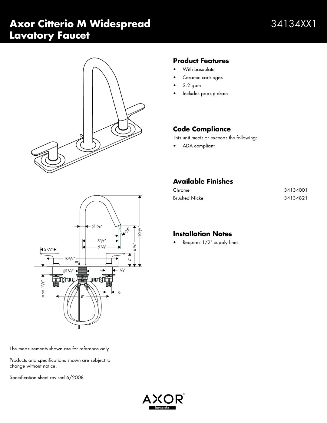 Axor 34134001 specifications Axor Citterio M Widespread 34134XX1 Lavatory Faucet, Product Features, Code Compliance 