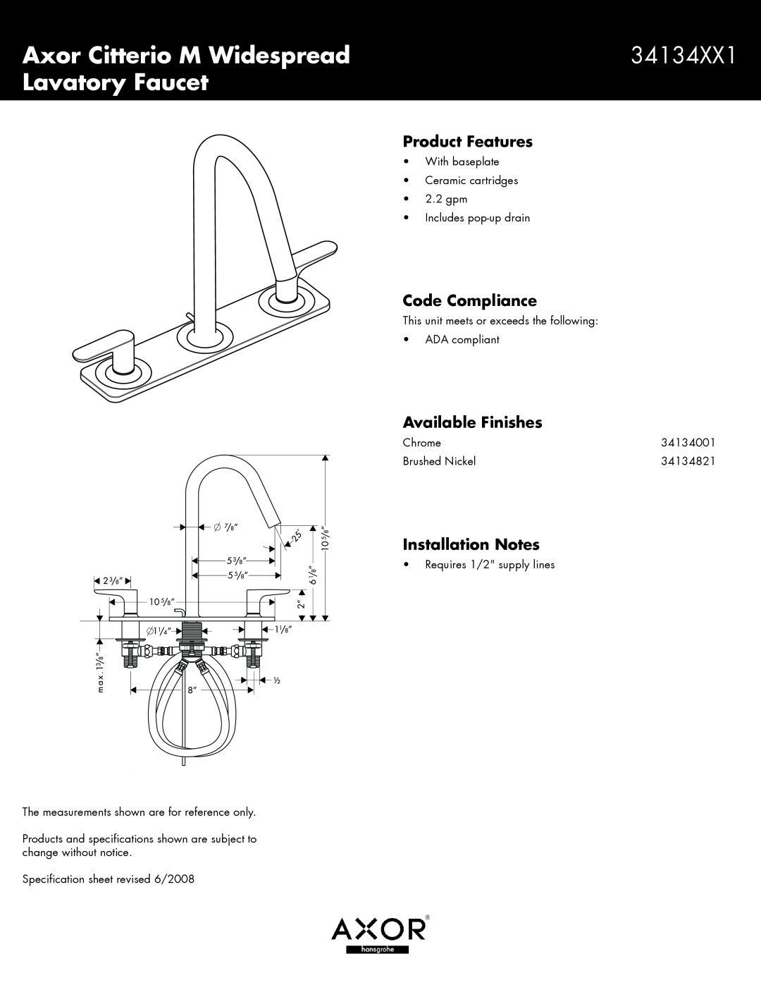 Axor 34134001 specifications Axor Citterio M Widespread, 34134XX1, Lavatory Faucet, Product Features, Code Compliance 