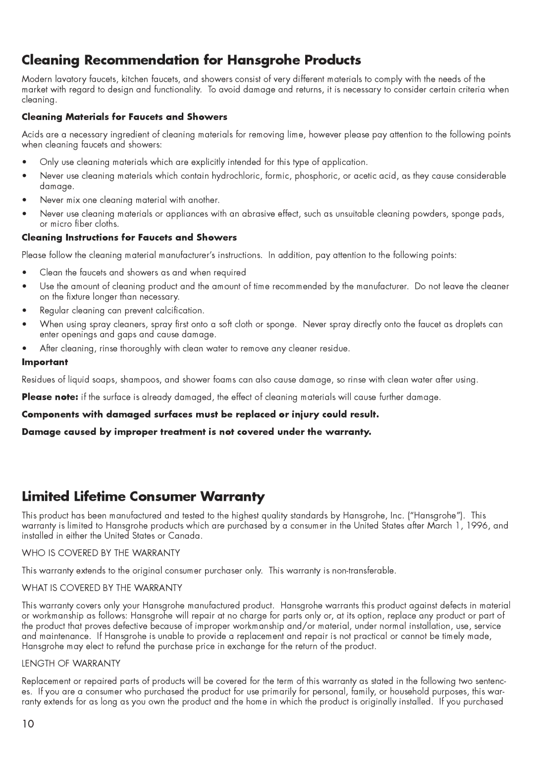 Axor 34134XX1 installation instructions Cleaning Recommendation for Hansgrohe Products, Limited Lifetime Consumer Warranty 