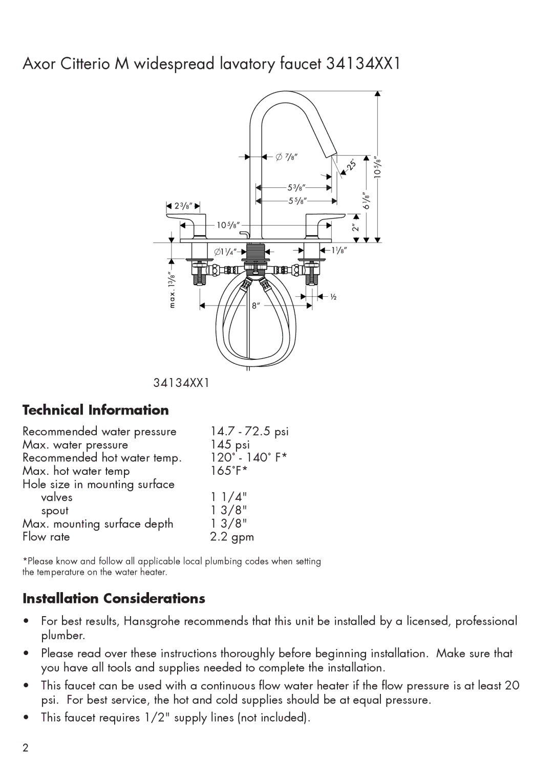 Axor 34134XX1 installation instructions Technical Information, Installation Considerations 