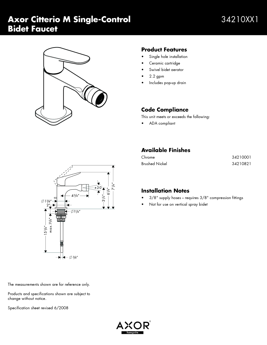 Axor 34210001 specifications Axor Citterio M Single-Control 34210XX1 Bidet Faucet, Product Features, Code Compliance 