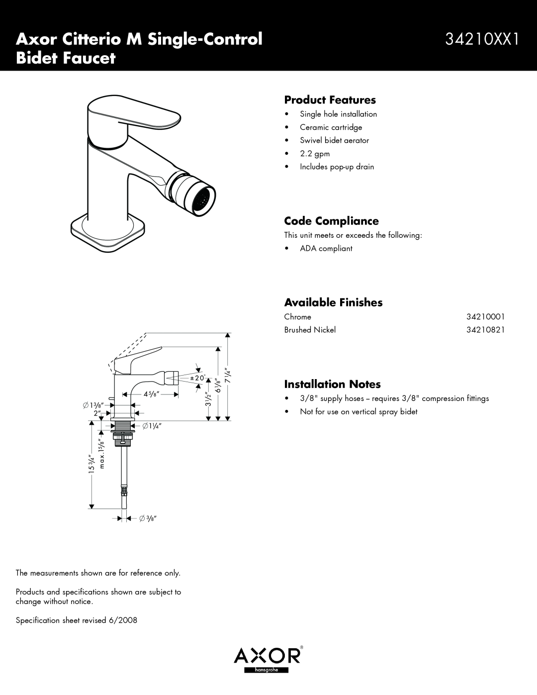 Axor 34210001 specifications Axor Citterio M Single-Control, 34210XX1, Bidet Faucet, Product Features, Code Compliance 