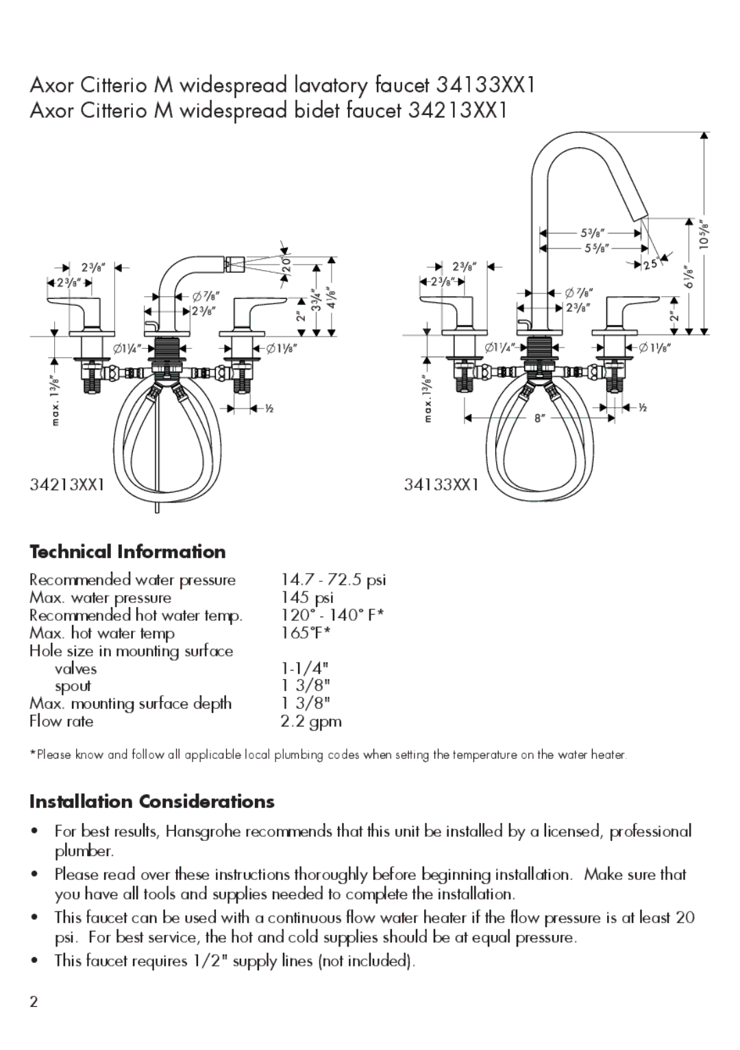 Axor 34213XX1 installation instructions Technical Information, Installation Considerations 