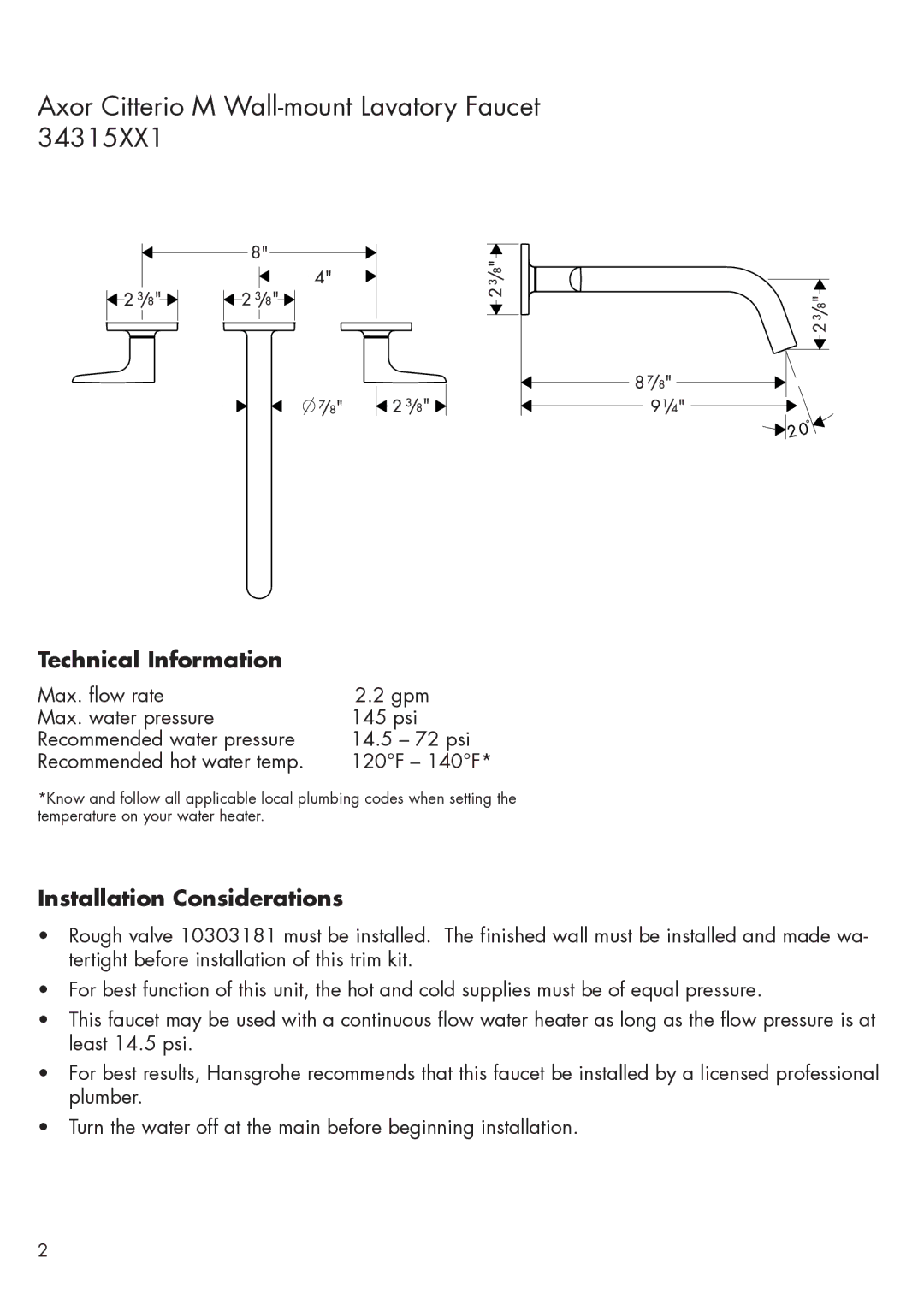 Axor 34315XX1 installation instructions Technical Information, Installation Considerations 