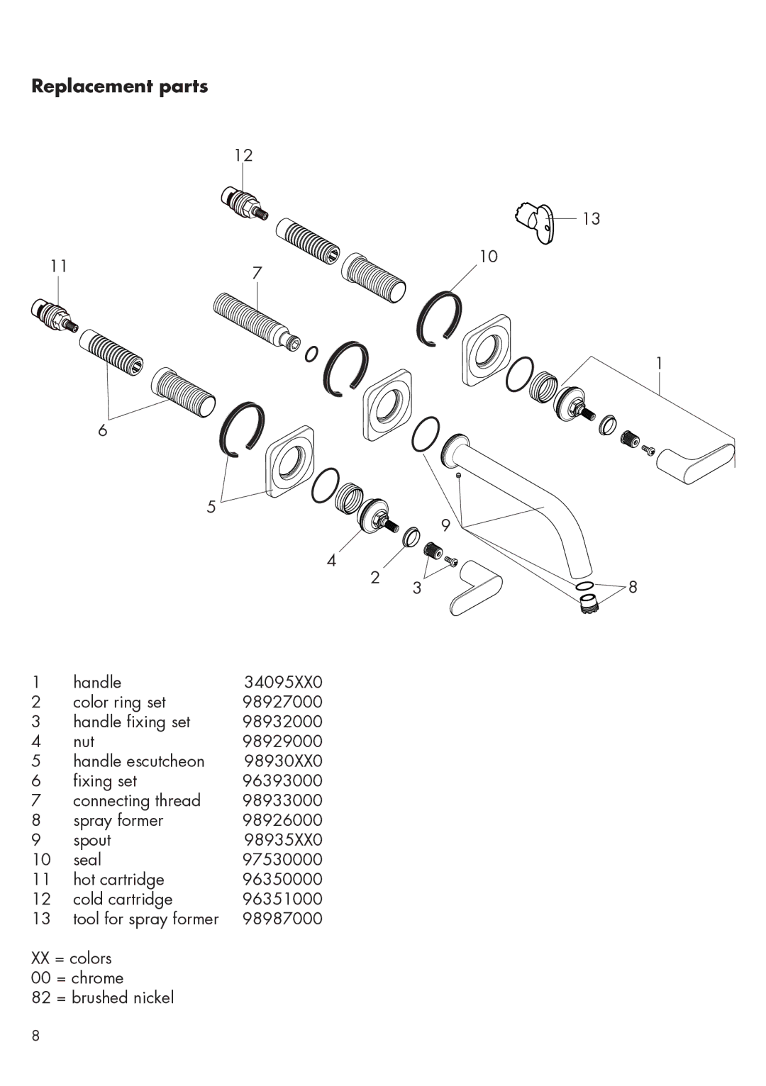 Axor 34315XX1 installation instructions Replacement parts 