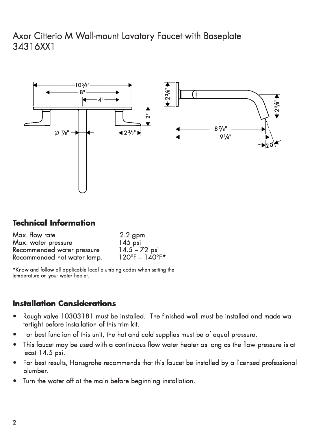 Axor 34316XX1 installation instructions Technical Information, Installation Considerations 