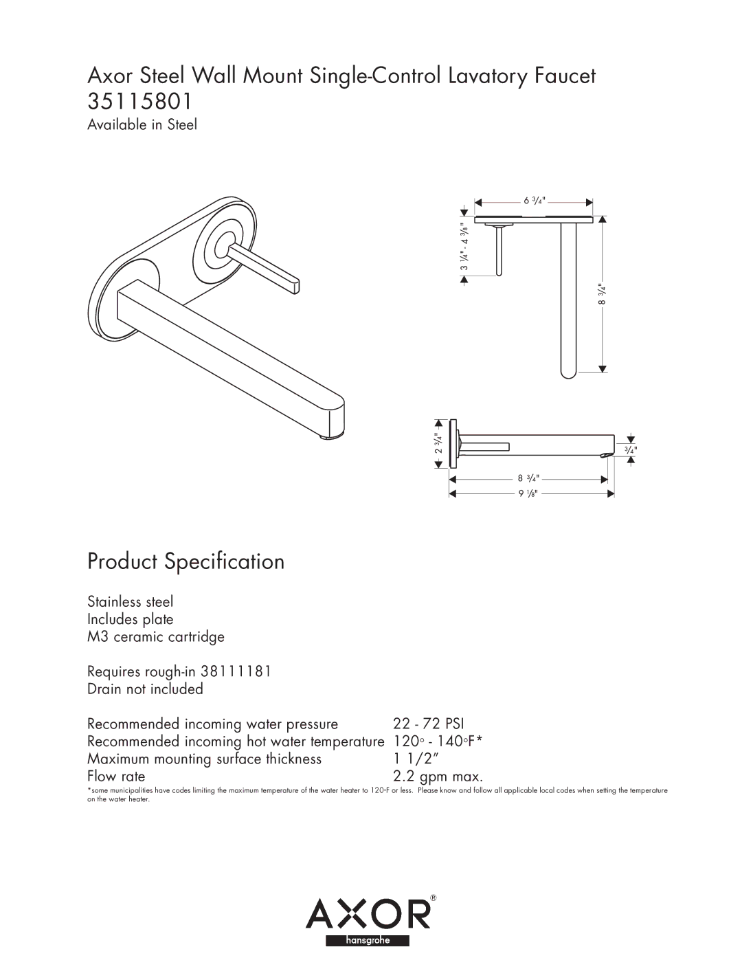 Axor 35115801 manual Axor Steel Wall Mount Single-Control Lavatory Faucet, Product Specification 