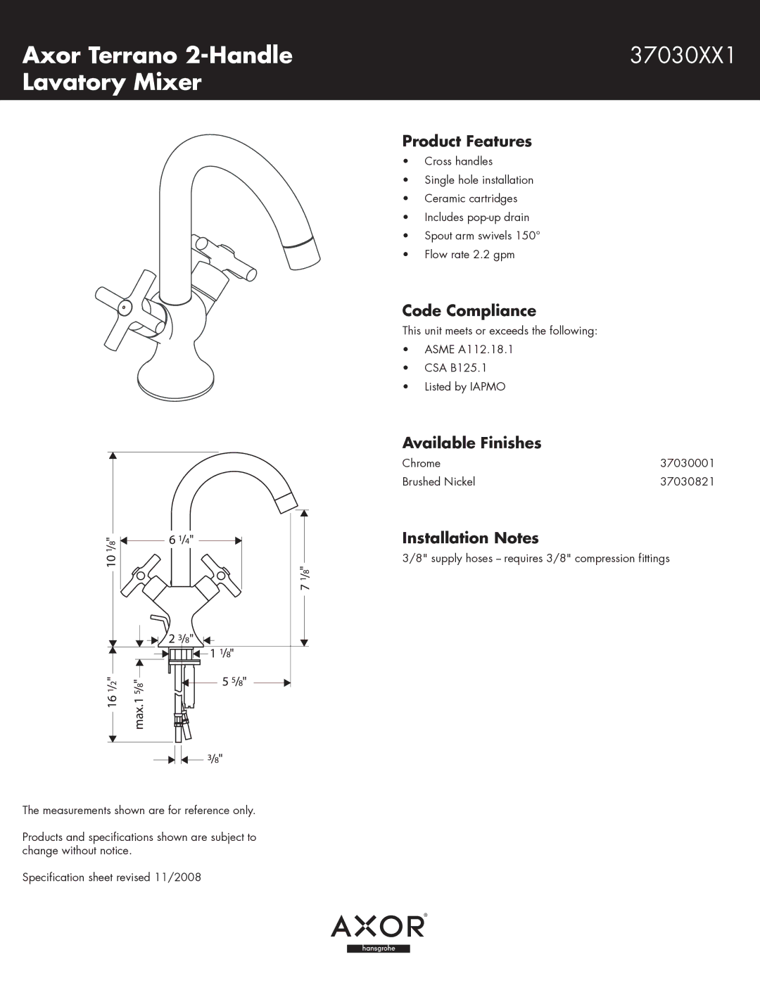 Axor 37030001, 37030821 specifications Axor Terrano 2-Handle, Lavatory Mixer 