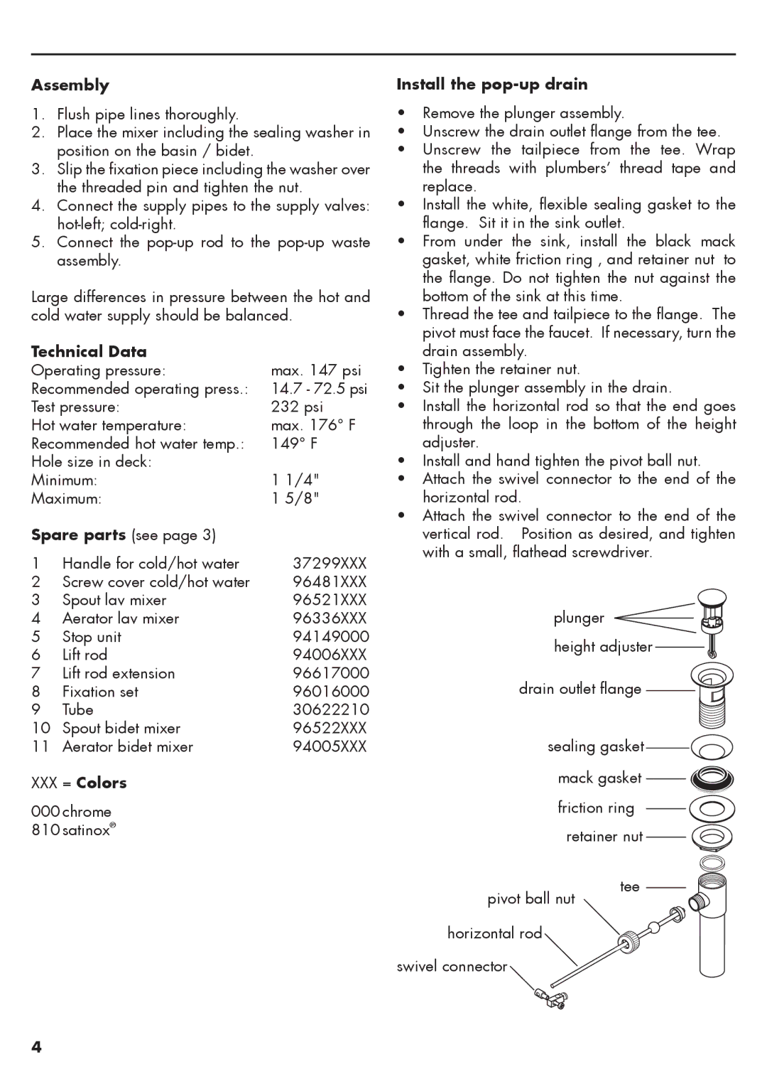 Axor 37030XX1, 37230XX1 Assembly, Technical Data, Spare parts see, XXX = Colors, Install the pop-up drain 