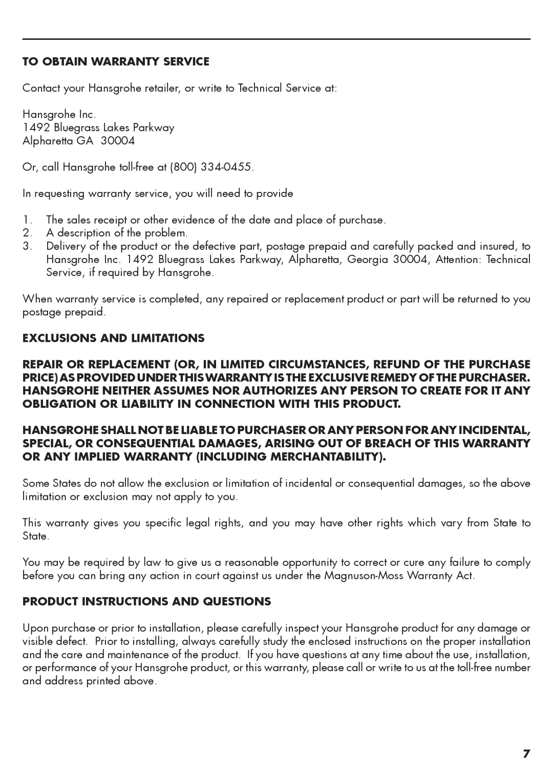 Axor 37230XX1, 37030XX1 installation instructions To Obtain Warranty Service, Product Instructions and Questions 