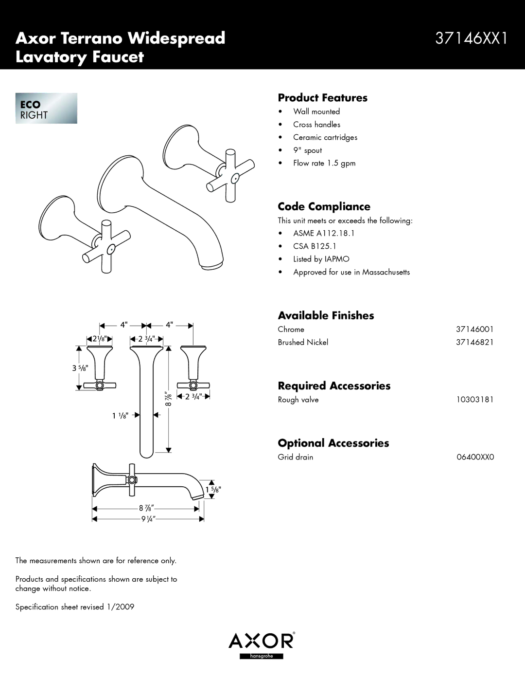 Axor 37146821, 37146001, 37146XX1 specifications Axor Terrano Widespread, Lavatory Faucet 