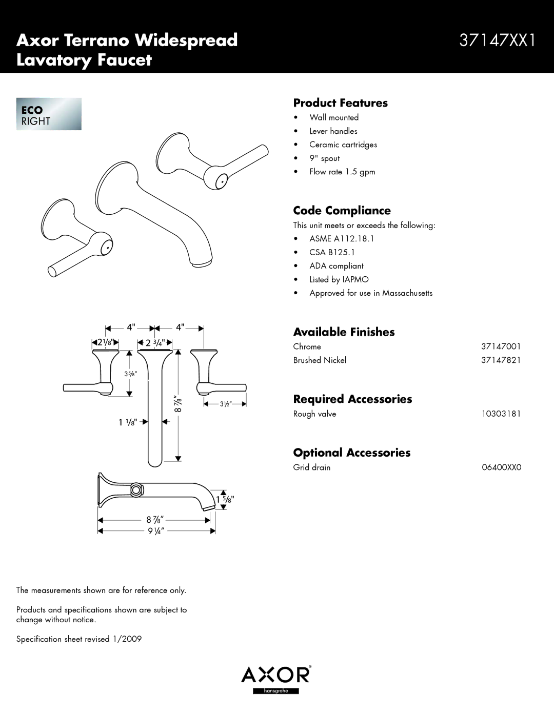 Axor 37147XX1 specifications Axor Terrano Widespread, Lavatory Faucet 