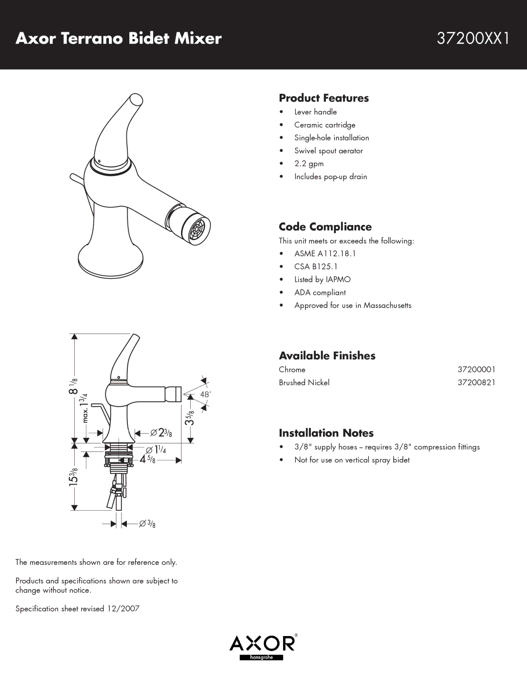 Axor 37200821 specifications Axor Terrano Bidet Mixer 37200XX1, Product Features, Code Compliance, Available Finishes 