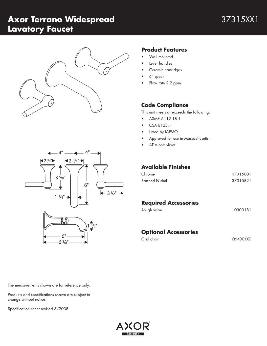 Axor 37315821, 37315001, 06400XX0 specifications Axor Terrano Widespread, Lavatory Faucet 