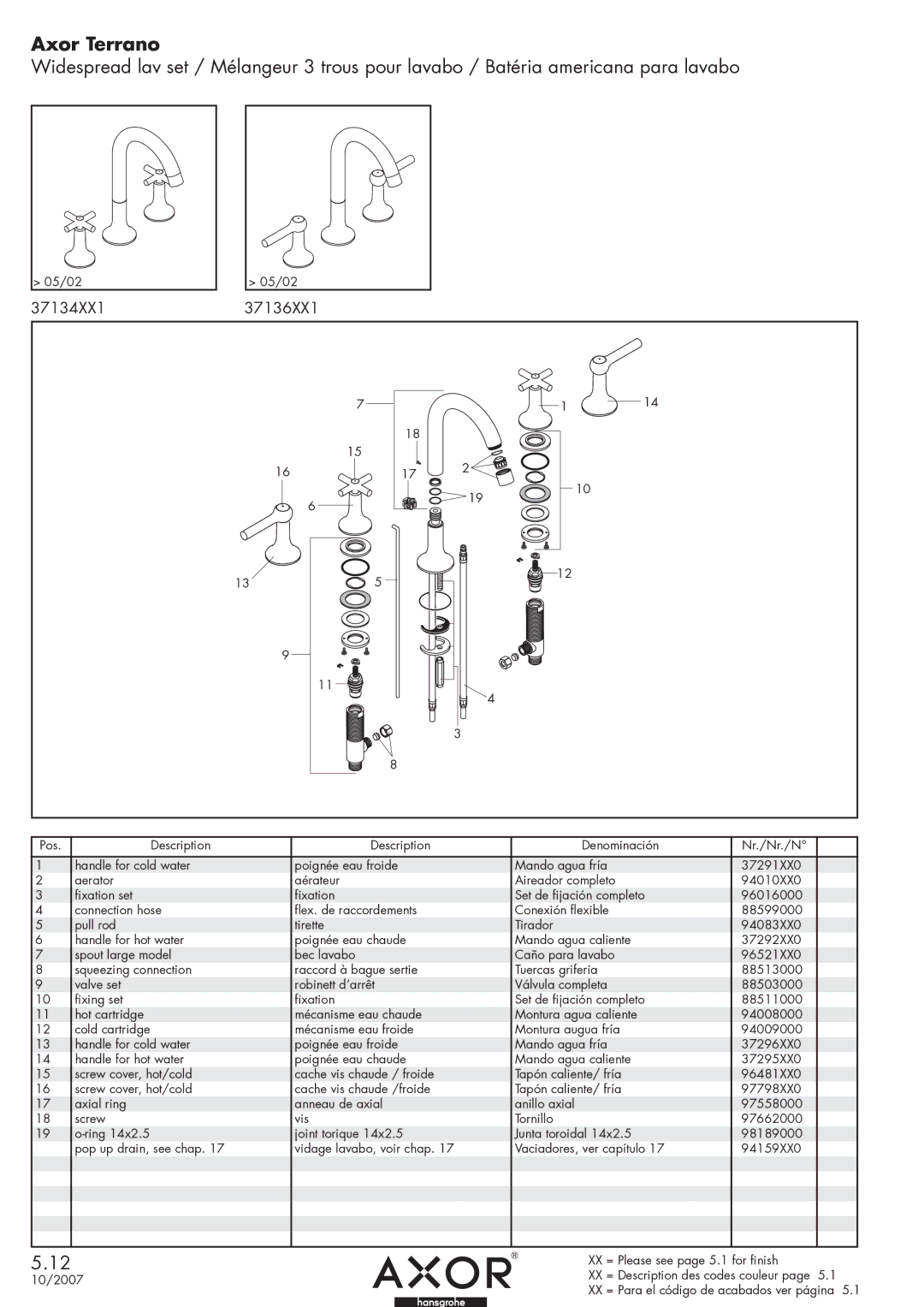 Axor 3736XX, 3734XX manual Axor Terrano, 37134XX1, 37136XX1 