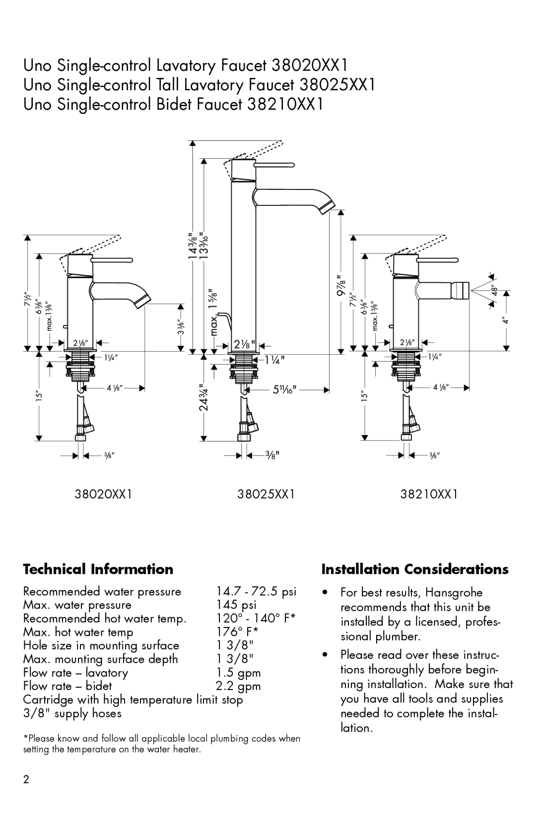 Axor 38025XX1, 3802XX1, 38210XX1 installation instructions Technical Information, Installation Considerations 