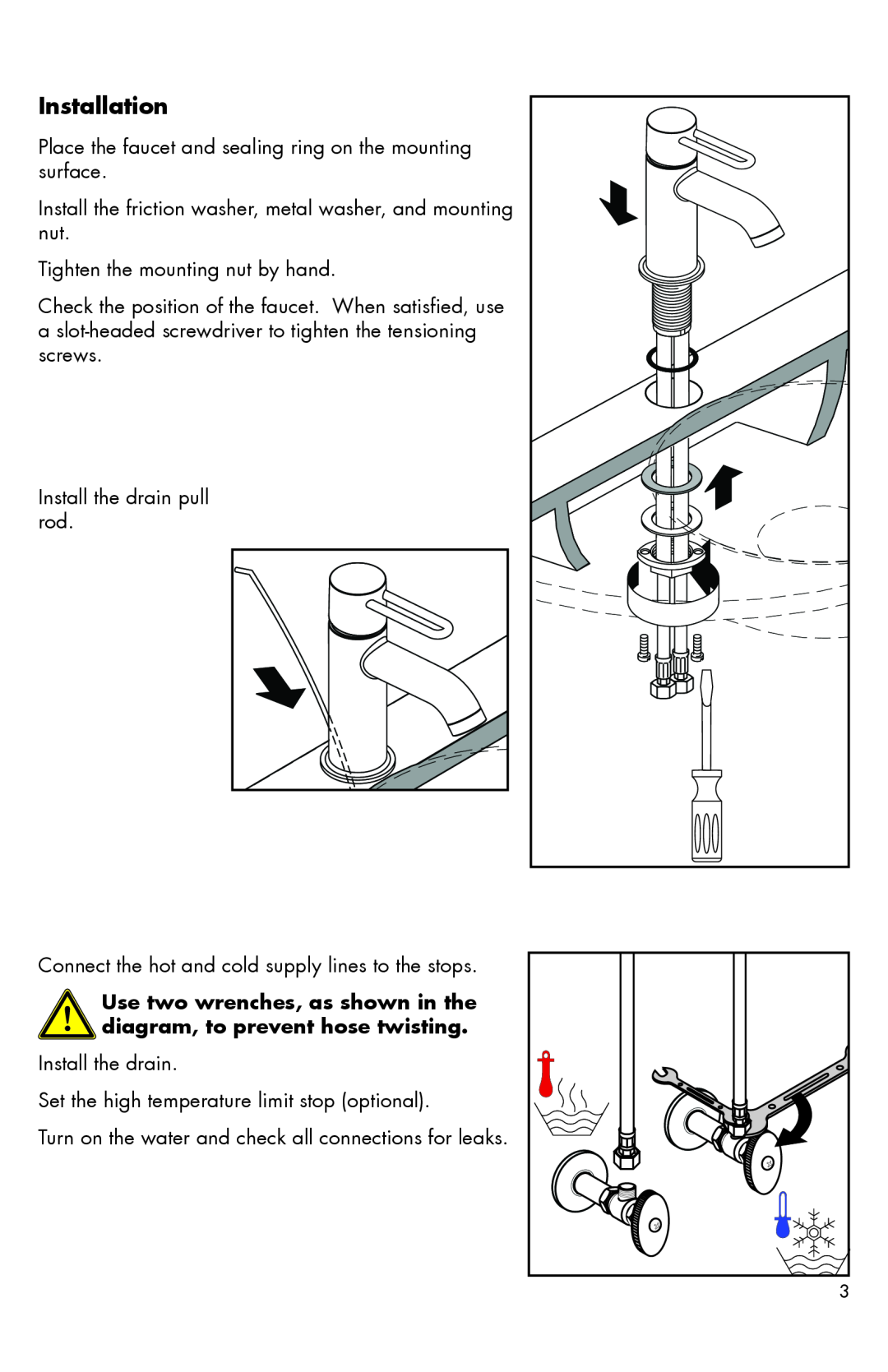 Axor 3802XX1, 38210XX1, 38025XX1 Installation, Use two wrenches, as shown in the diagram, to prevent hose twisting 
