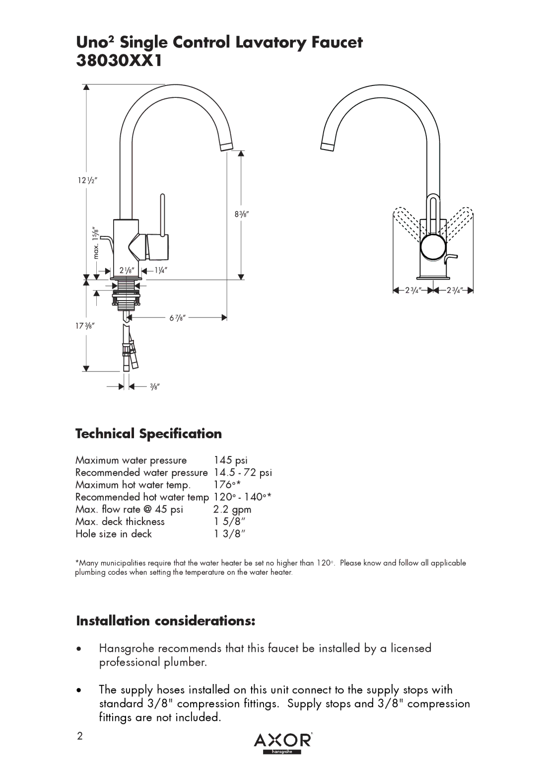 Axor 38030XX1 installation instructions Technical Specification, Installation considerations 