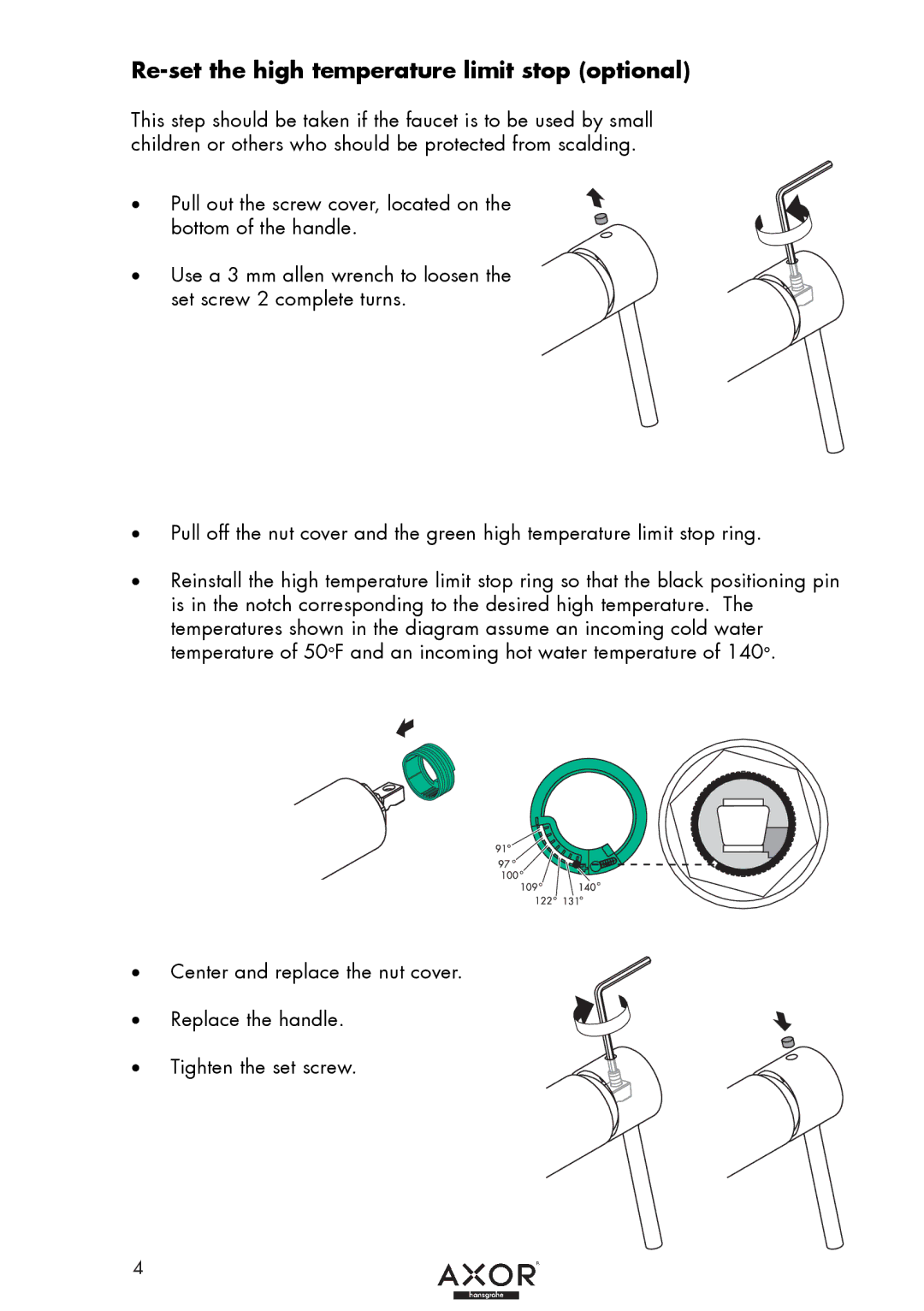 Axor 38030XX1 installation instructions Re-set the high temperature limit stop optional 