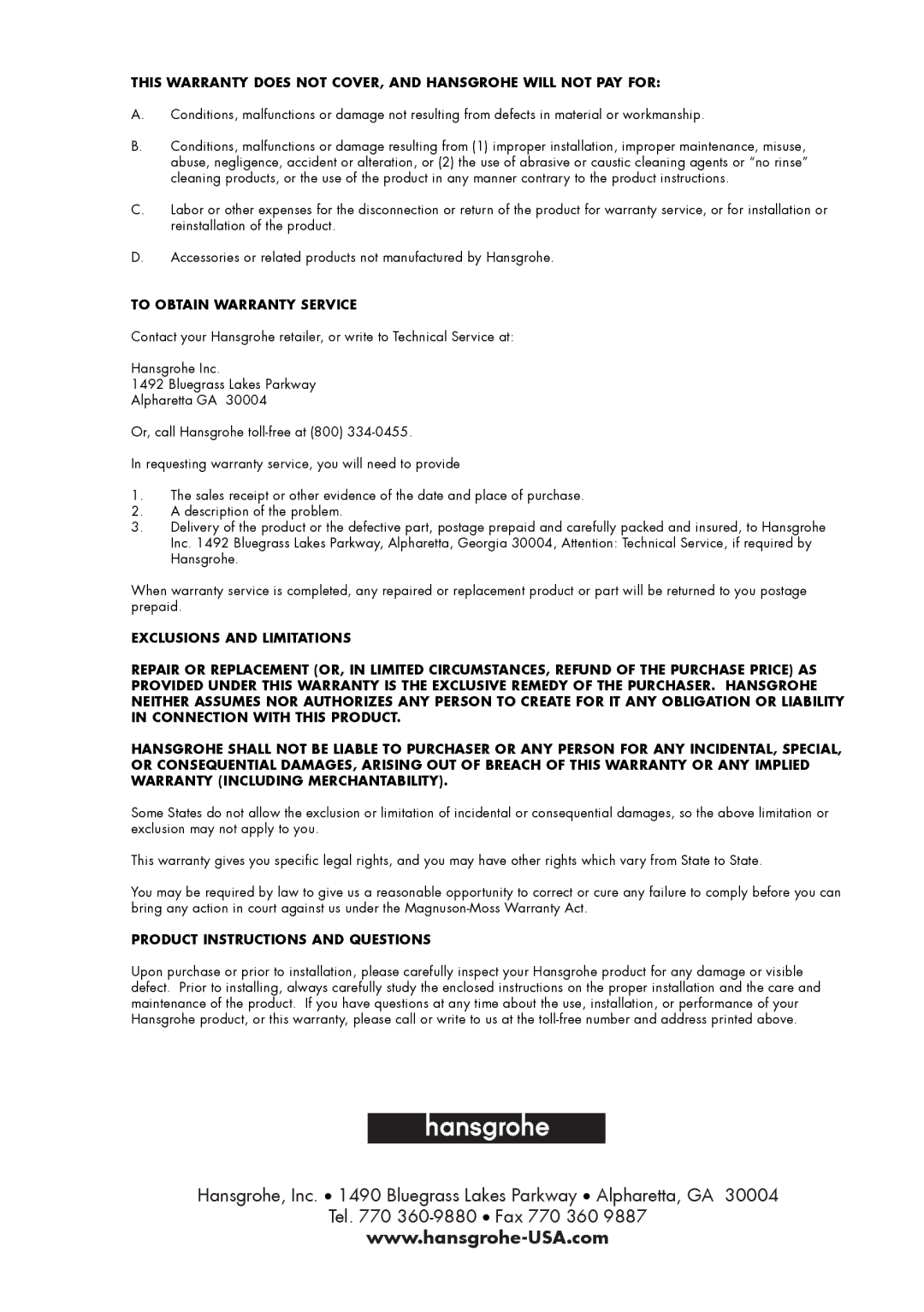 Axor 38030XX1 installation instructions To Obtain Warranty Service, Product Instructions and Questions 