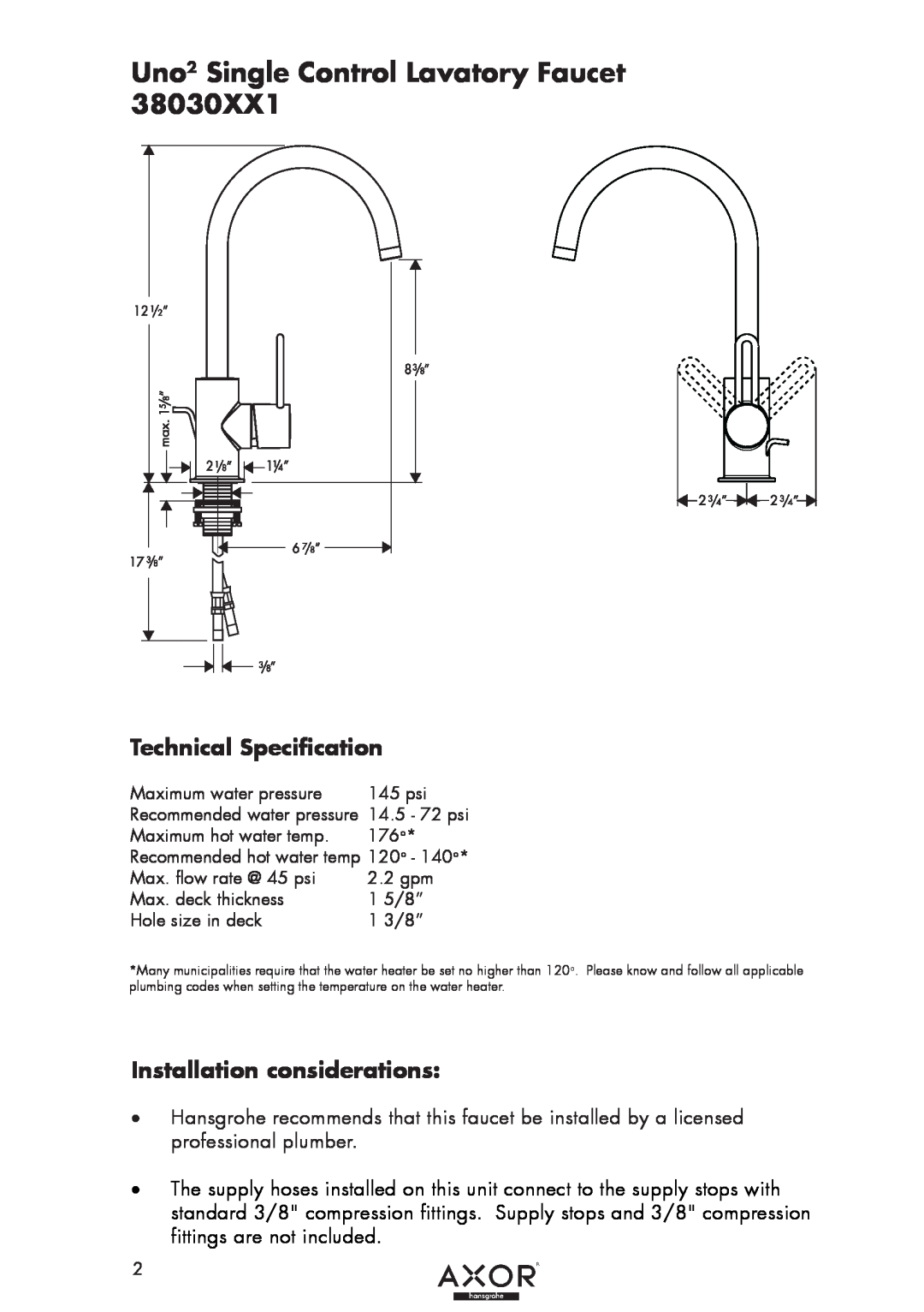 Axor 38030XX1 Technical Specification, Installation considerations, Uno2 Single Control Lavatory Faucet 