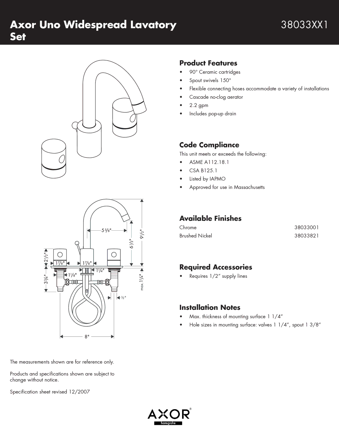 Axor 38033001, 38033821 specifications Axor Uno Widespread Lavatory 38033XX1 Set 