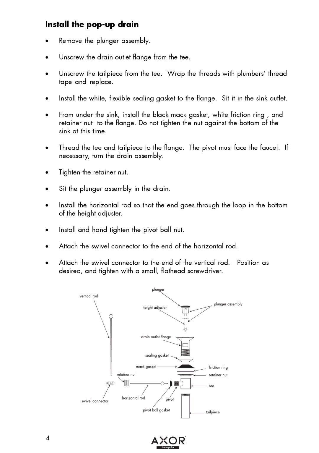 Axor 38040XX1 installation instructions Install the pop-up drain 