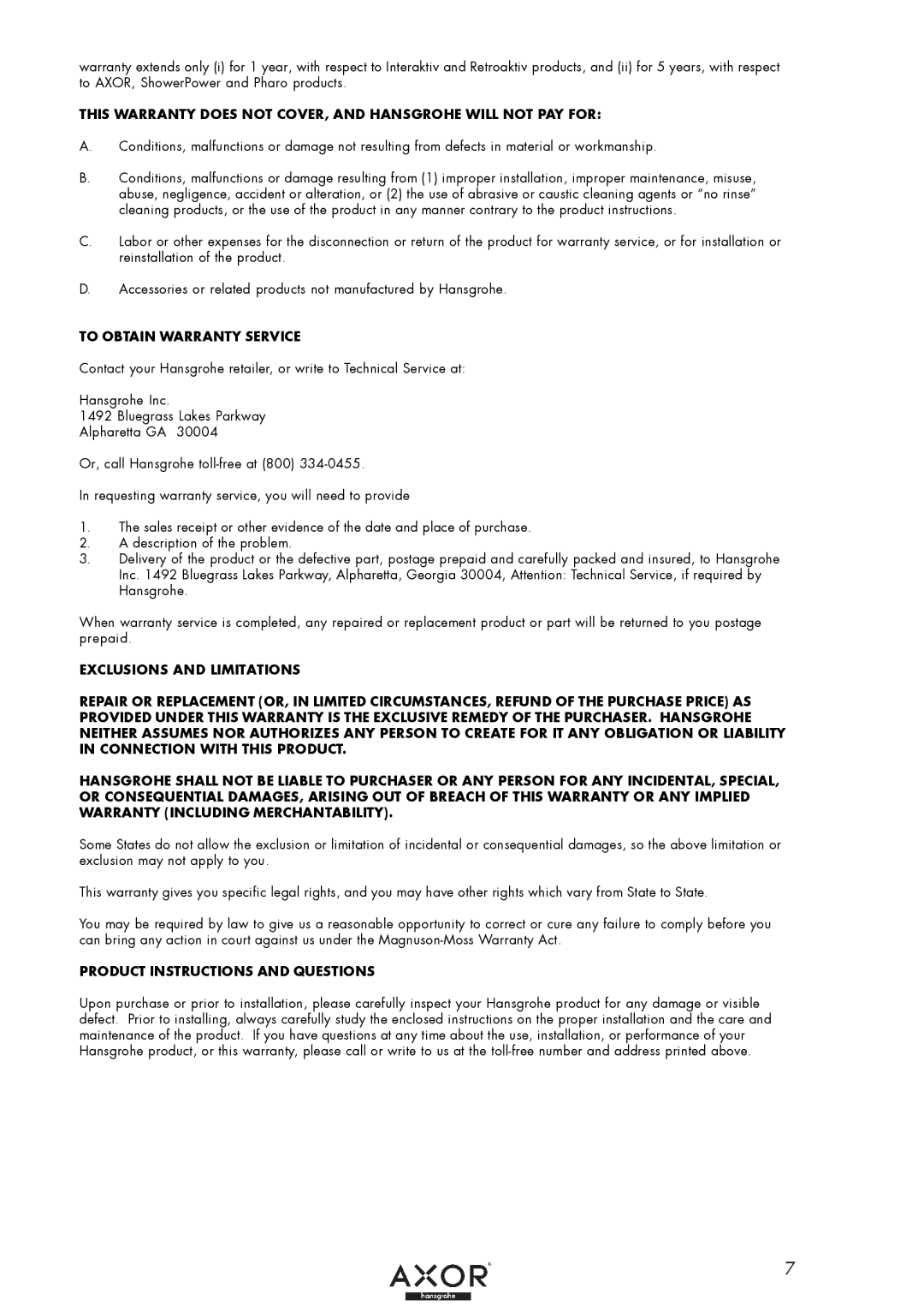 Axor 38040XX1 installation instructions To Obtain Warranty Service, Product Instructions and Questions 