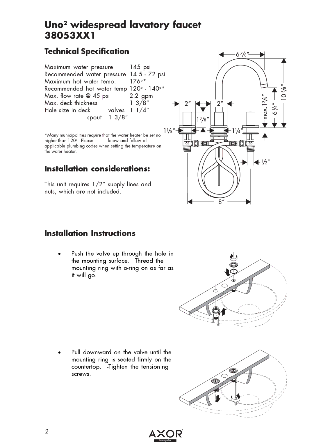 Axor 38053XX1 installation instructions Technical Specification, Installation considerations, Installation Instructions 