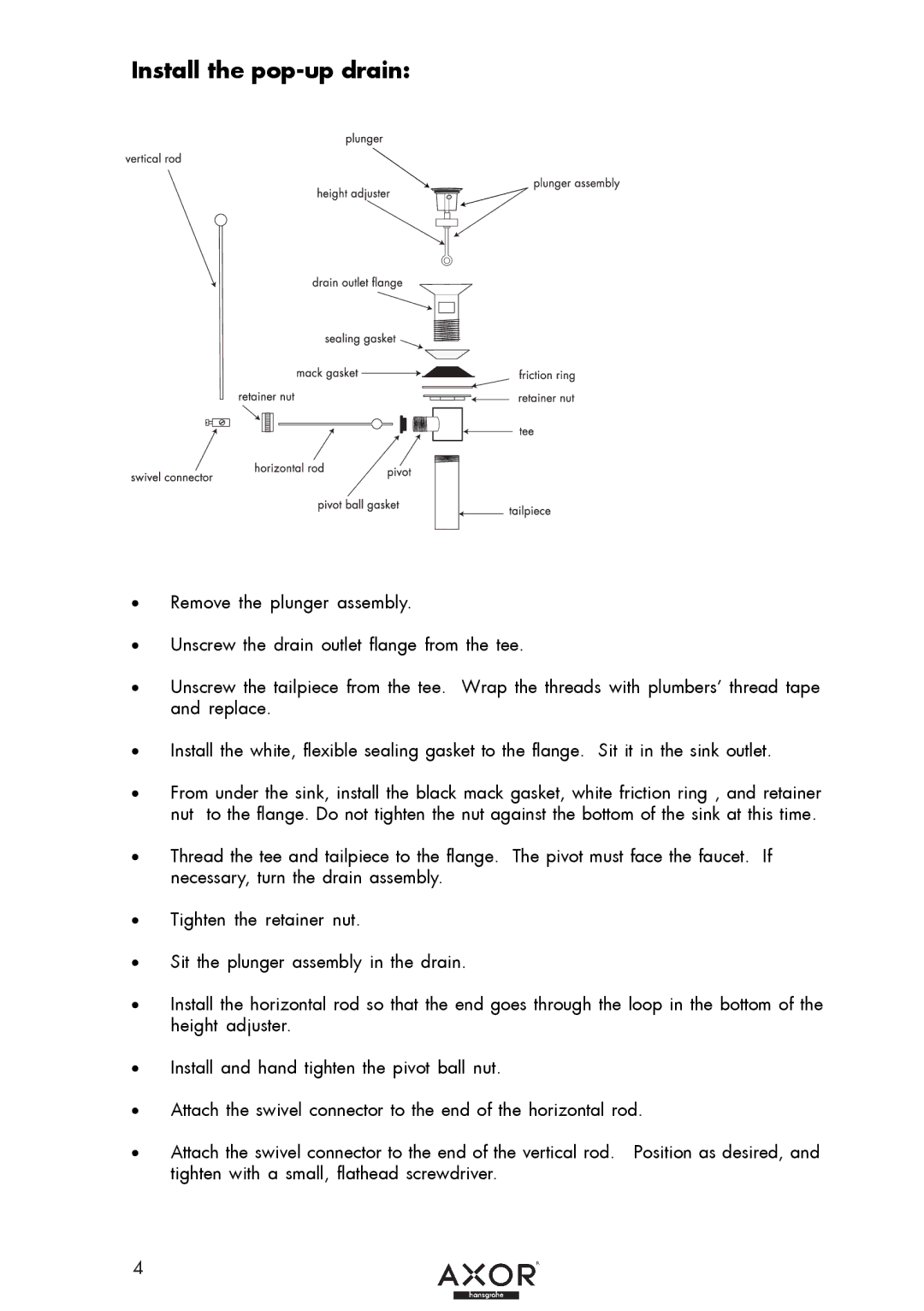 Axor 38053XX1 installation instructions Install the pop-up drain 