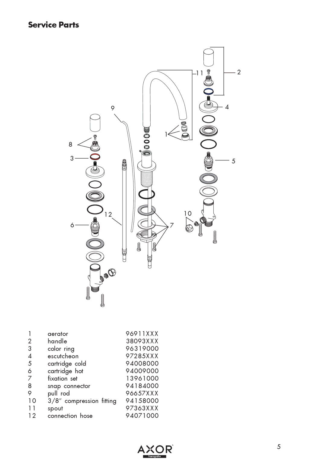 Axor 38053XX1 installation instructions Service Parts 