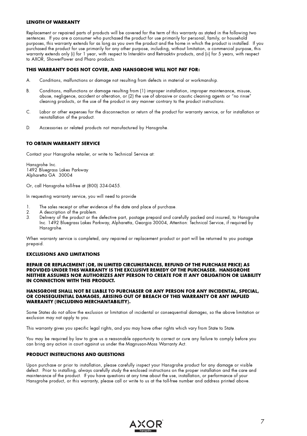 Axor 38053XX1 installation instructions Length of Warranty, To Obtain Warranty Service, Product Instructions and Questions 