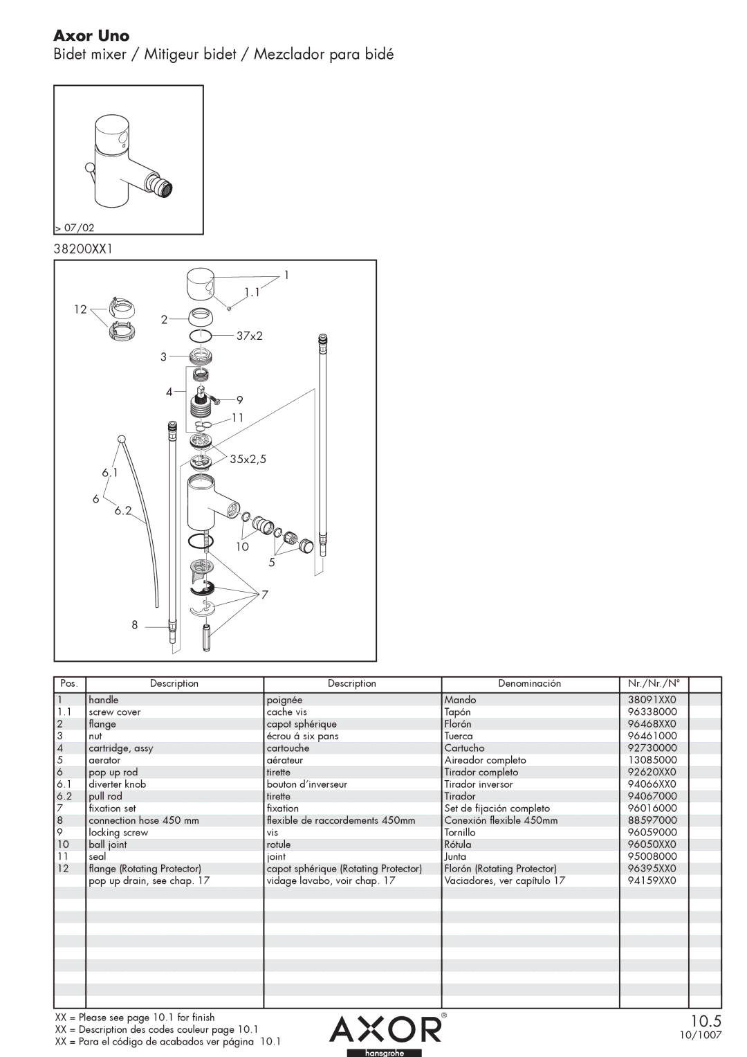 Axor 38200XX1 manual Axor Uno, Bidet mixer / Mitigeur bidet / Mezclador para bidé, 37x2, 35x2,5 