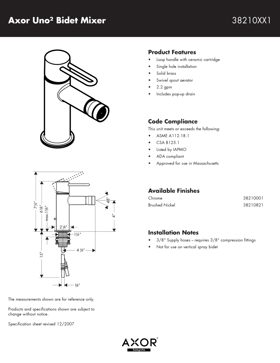 Axor specifications Axor Uno² Bidet Mixer 38210XX1, Product Features, Code Compliance, Available Finishes 