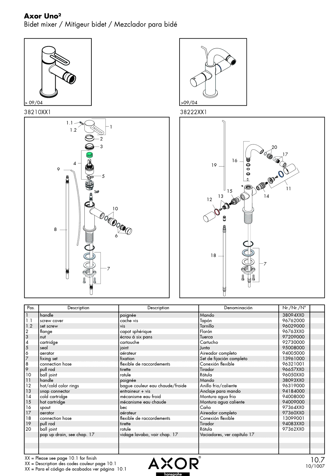 Axor 38222XX1 manual Axor Uno², Bidet mixer / Mitigeur bidet / Mezclador para bidé, 38210XX1 