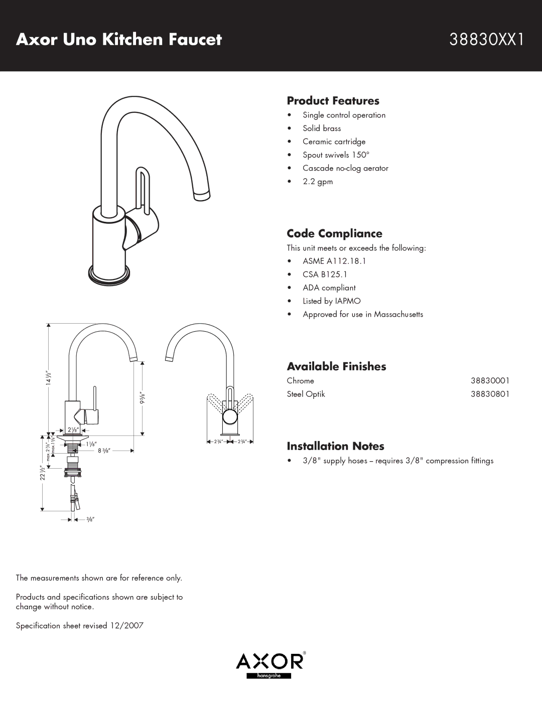 Axor specifications Axor Uno Kitchen Faucet 38830XX1, Product Features, Code Compliance, Available Finishes 