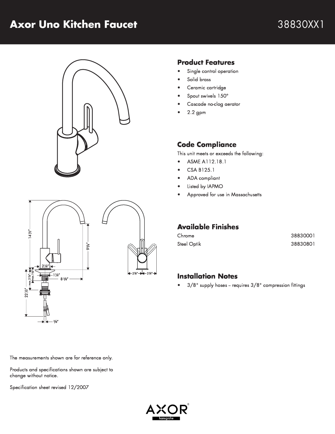 Axor 38830XX1 specifications Axor Uno Kitchen Faucet, Product Features, Code Compliance, Available Finishes 