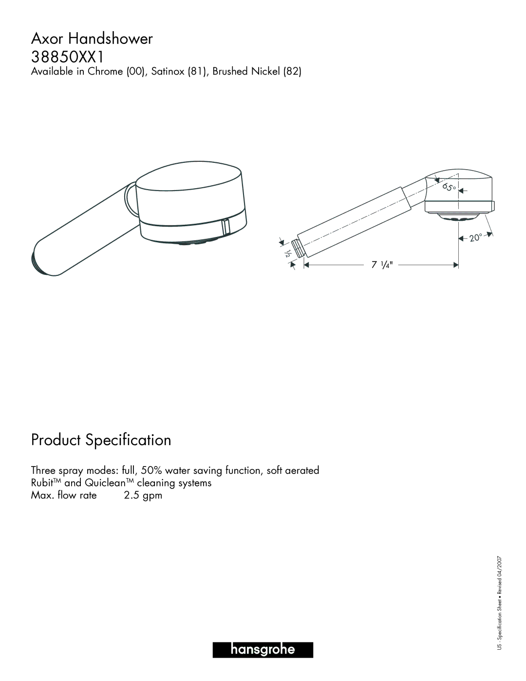 Axor 38850XX1 specifications Axor Handshower, Product Specification 