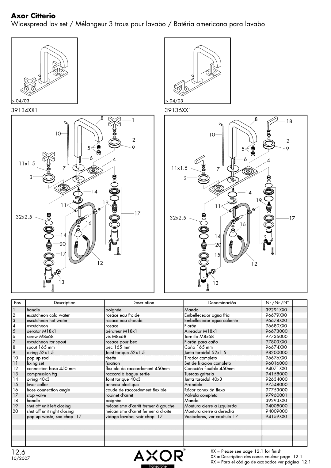 Axor 39134XX1 manual Axor Citterio, 39136XX1 