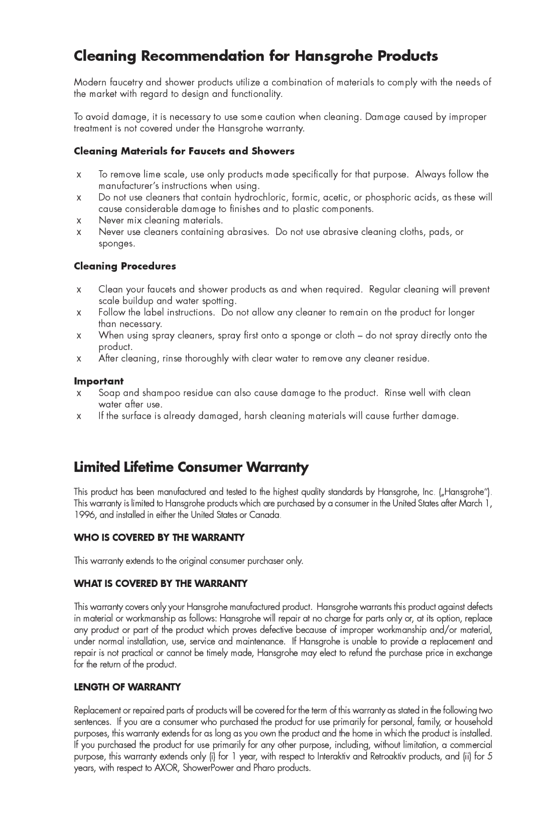 Axor 39144XX1 Cleaning Recommendation for Hansgrohe Products, Limited Lifetime Consumer Warranty, Length of Warranty 