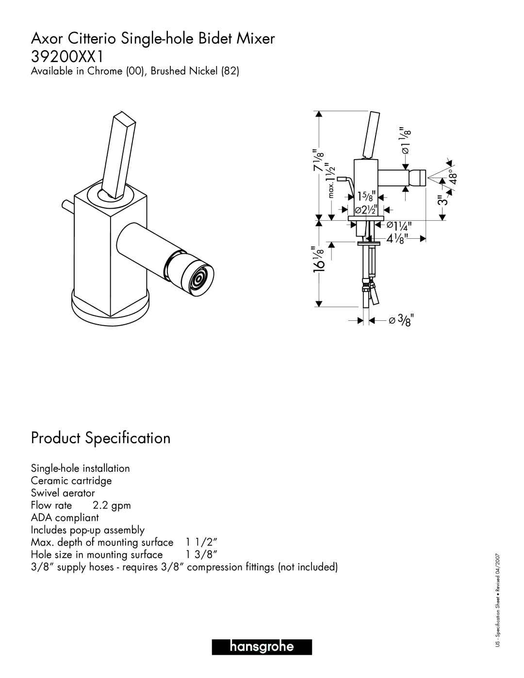 Axor 39200XX1 specifications Axor Citterio Single-hole Bidet Mixer, Product Specification 