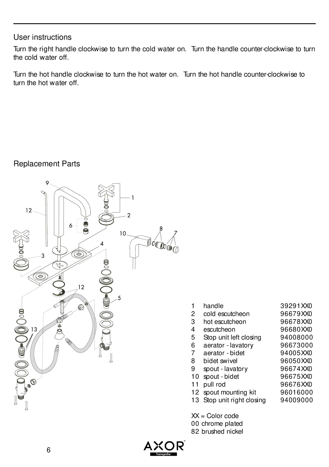 Axor 39234XX1, 39154XX1 installation instructions User instructions, Replacement Parts 