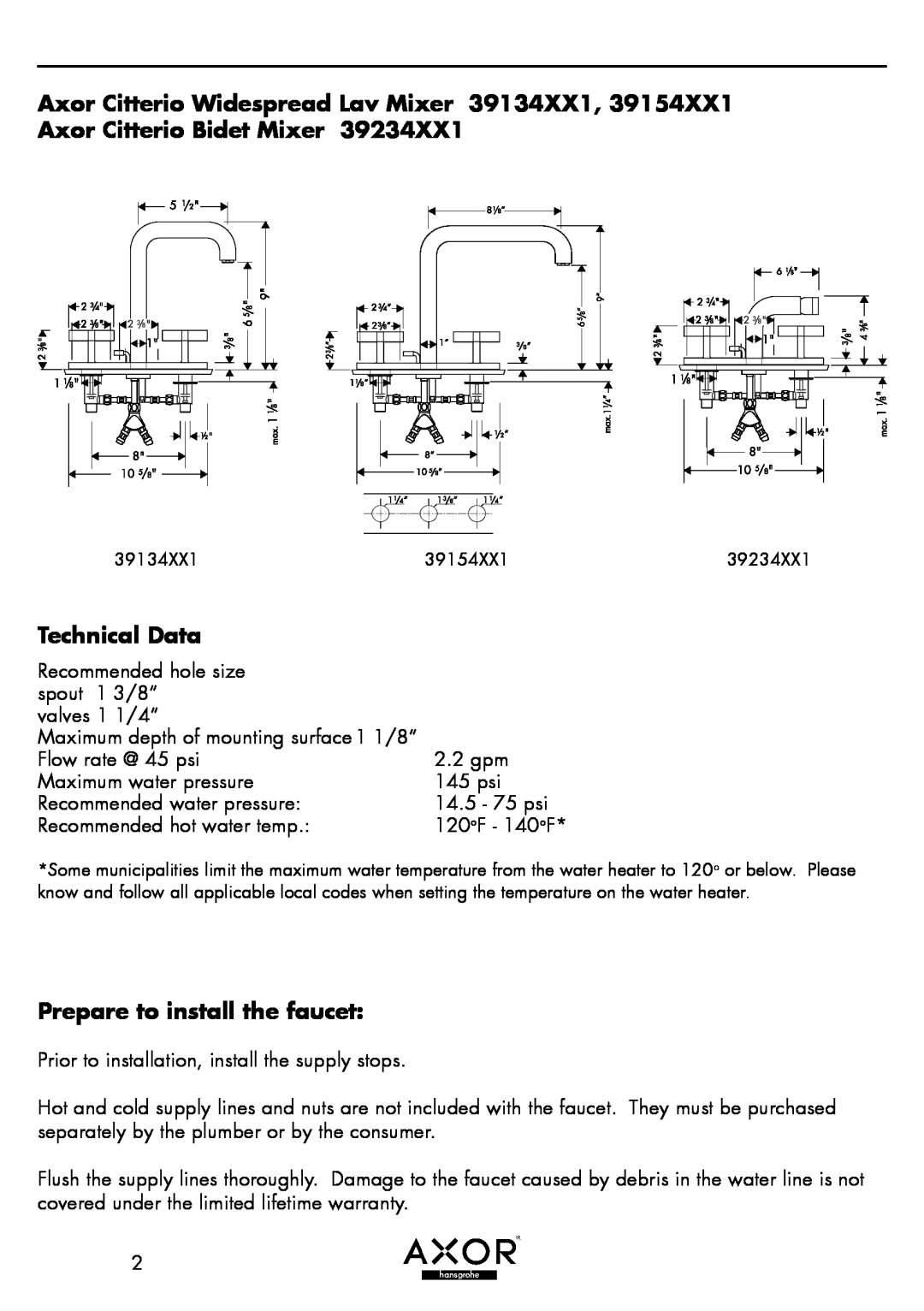 Axor 39234XX1, 39154XX1 installation instructions Technical Data, Prepare to install the faucet 