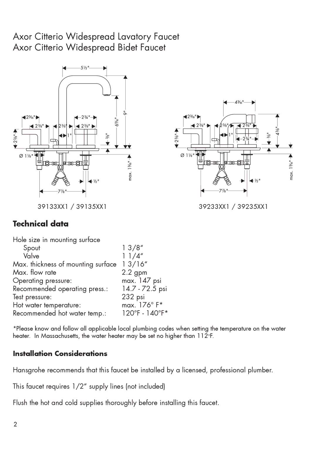 Axor 39135XX1, 39235XX1, 39233XX1, 39133XX1 installation instructions Technical data, Installation Considerations 