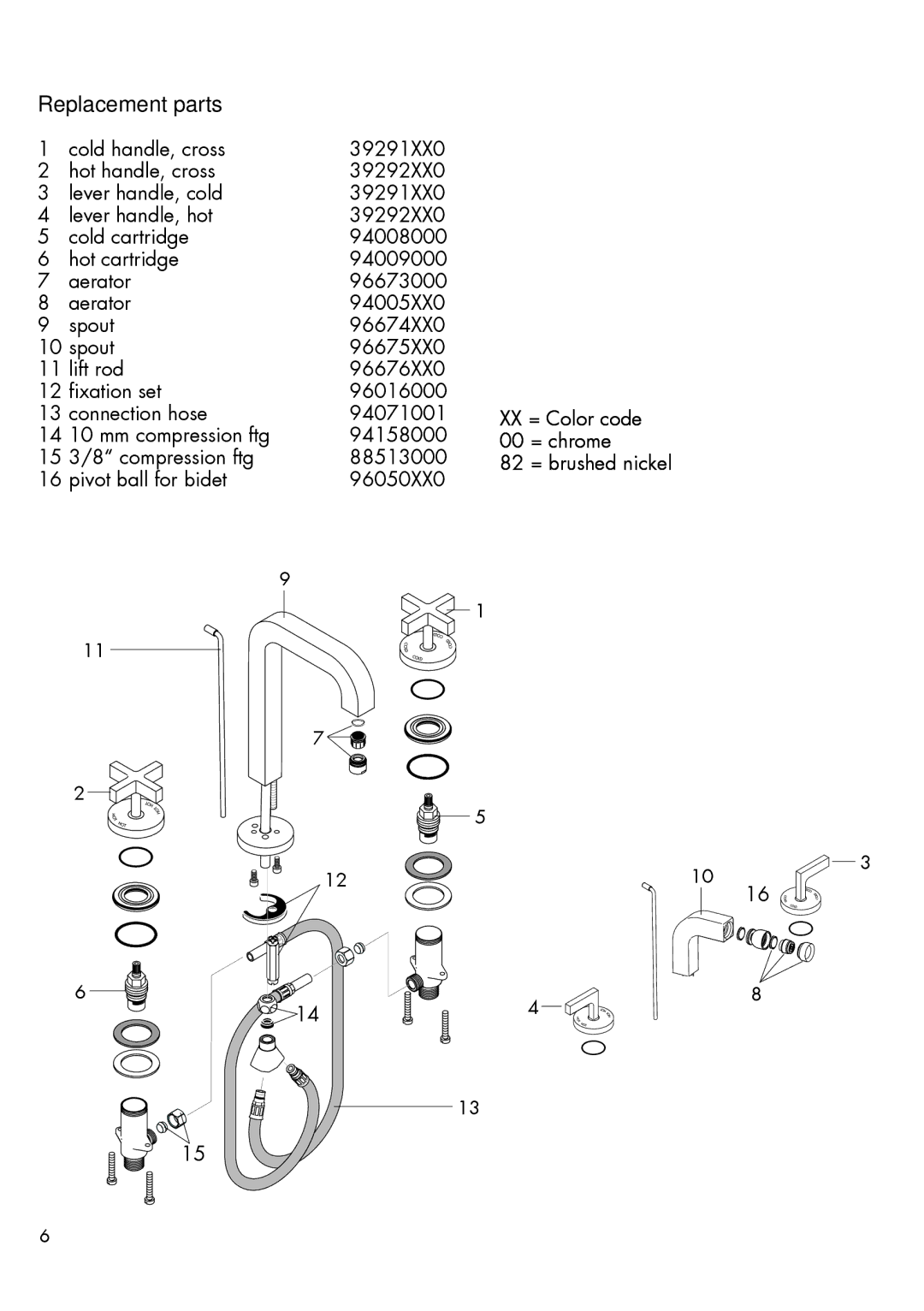 Axor 39135XX1, 39235XX1, 39233XX1, 39133XX1 installation instructions Replacement parts 