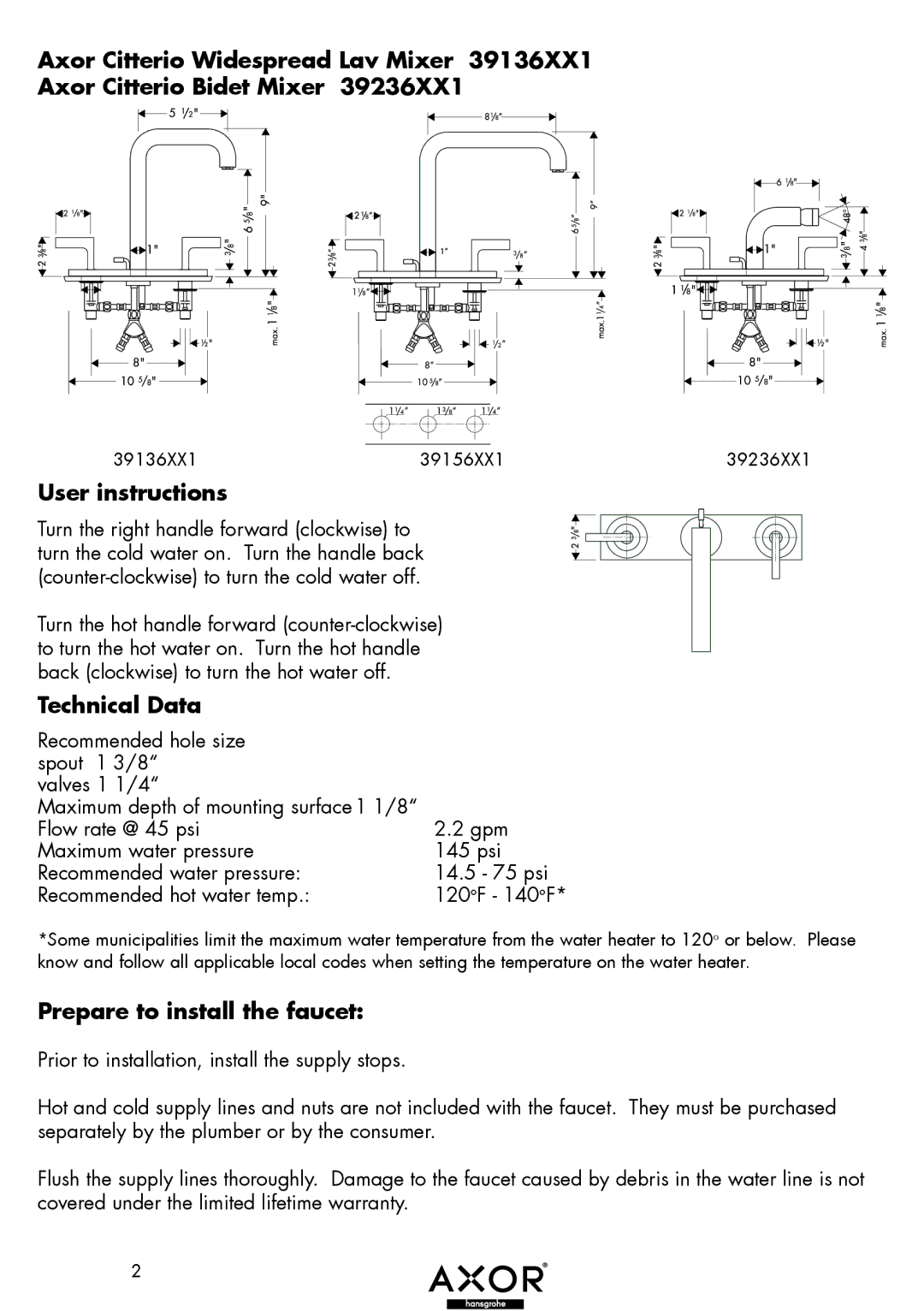 Axor 39156XX1, 39236XX1, 39136XX1 installation instructions User instructions, Technical Data, Prepare to install the faucet 